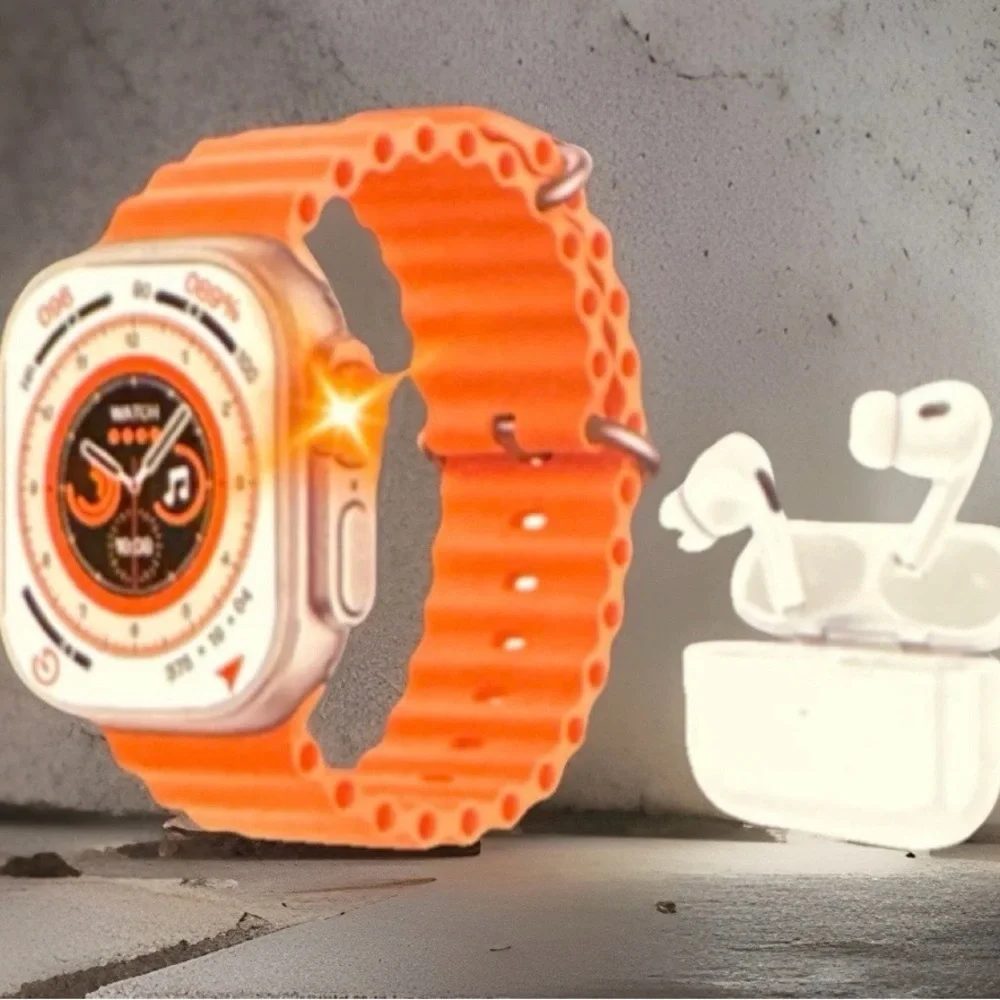 NIB X12 Unique Combination Smart Watch Ultra, Orange Band, Earphones, 2.02
